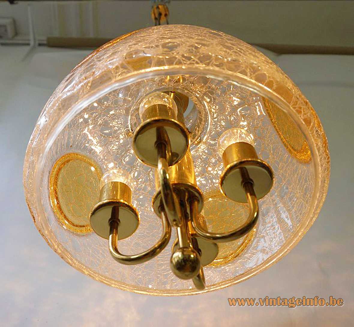 Glashütte Limburg crackle glass chandelier design: Herbert Proft clear & amber glass lampshade brass rods 1970s 1980s