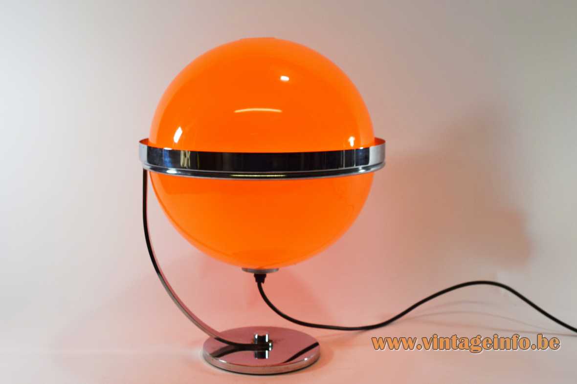 Guzzini style globe table lamp chrome base curved slat & ring 2 orange acrylic shells 1970s Harvey 