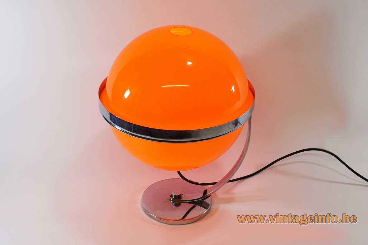 Guzzini style globe table lamp chrome base curved slat & ring 2 orange acrylic shells 1970s Harvey 