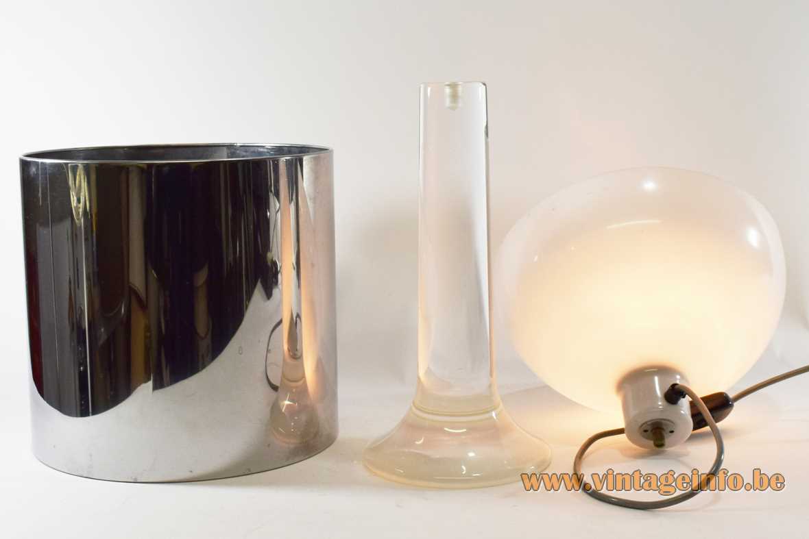 Harvey Guzzini Masselo table lamp clear acrylic lucite base round stainless steel lampshade 1960s 1970s iGuzzini