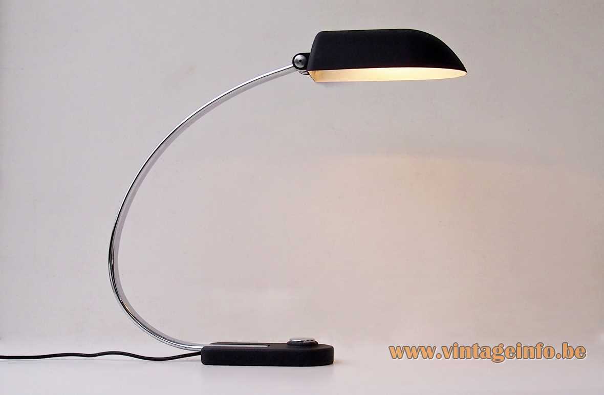 Hillebrand desk lamp 7620 black metal base big switch curved chrome rod aluminium lampshade 1970s Germany