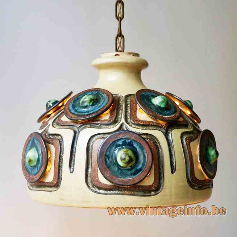 Jette Hellerøe pendant lamp ceramic lampshade in brown blue & green AXELLA Design Denmark 1970s E27 socket