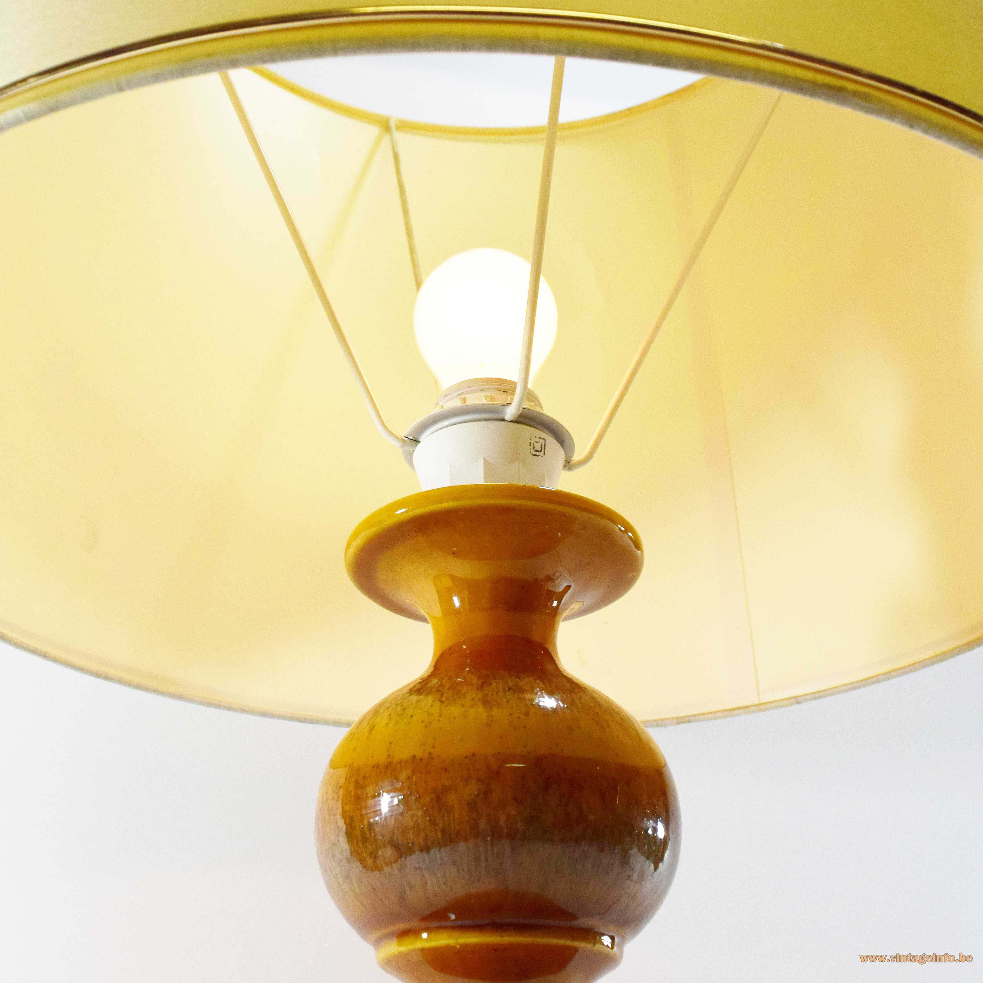 Kaiser Leuchten ceramic table lamp 3 ochre glazed globes conical fabric lampshade 1960s 1970s Germany