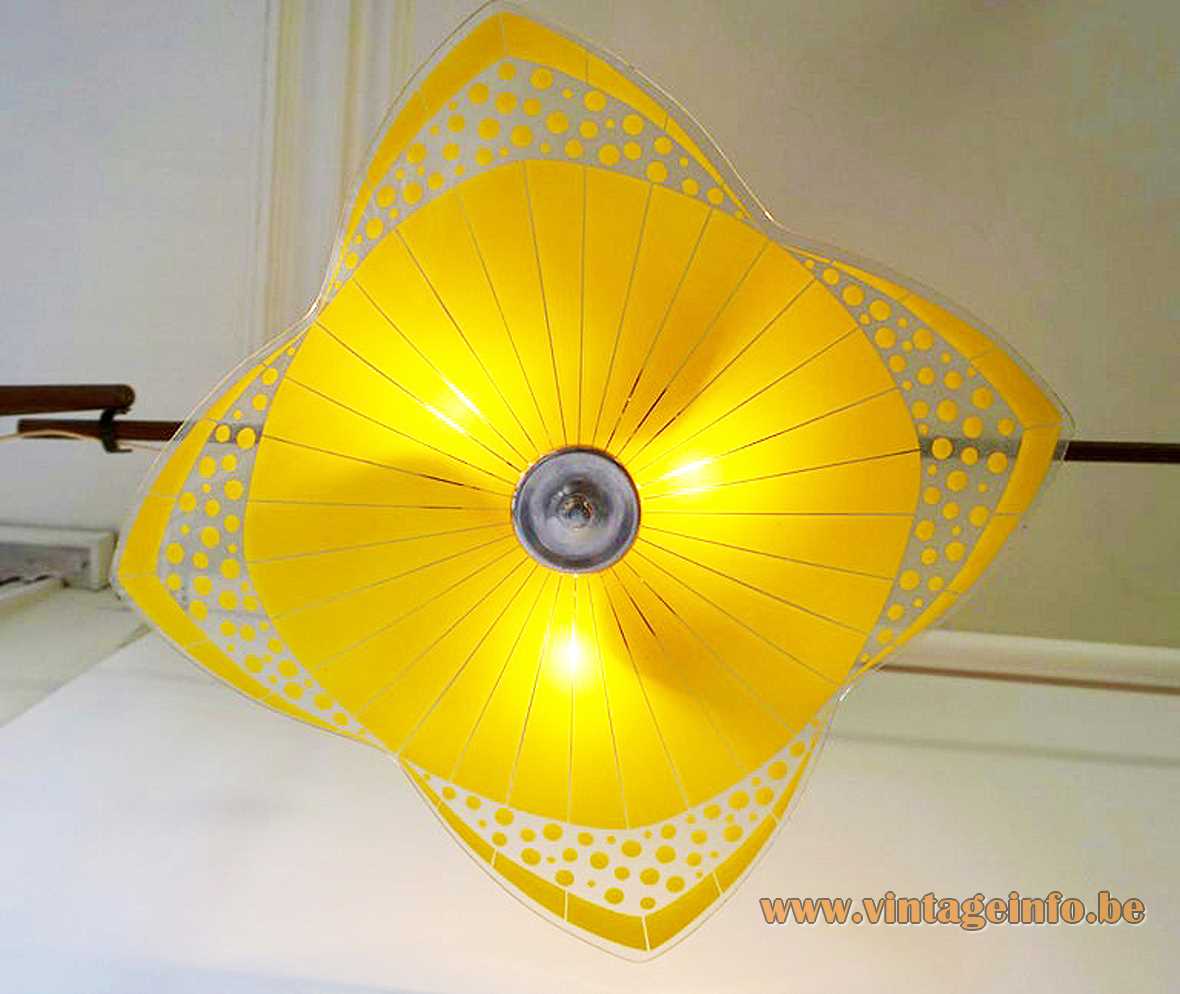 NAPAKO glass pendant lamp yellow & clear big flat disc aluminium rod canopy 1950s 1960s Czech Republic