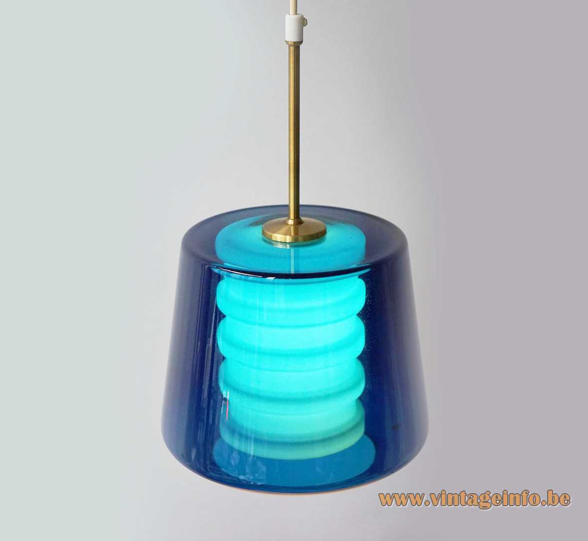 Philips Torino pendant lamp conical dark blue clear blown glass opal ribbed cylinder brass rod 1960s