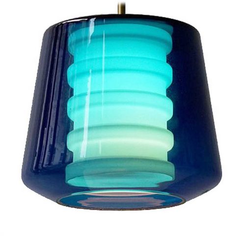 Philips Torino pendant lamp conical dark blue clear blown glass opal ribbed cylinder brass rod 1960s