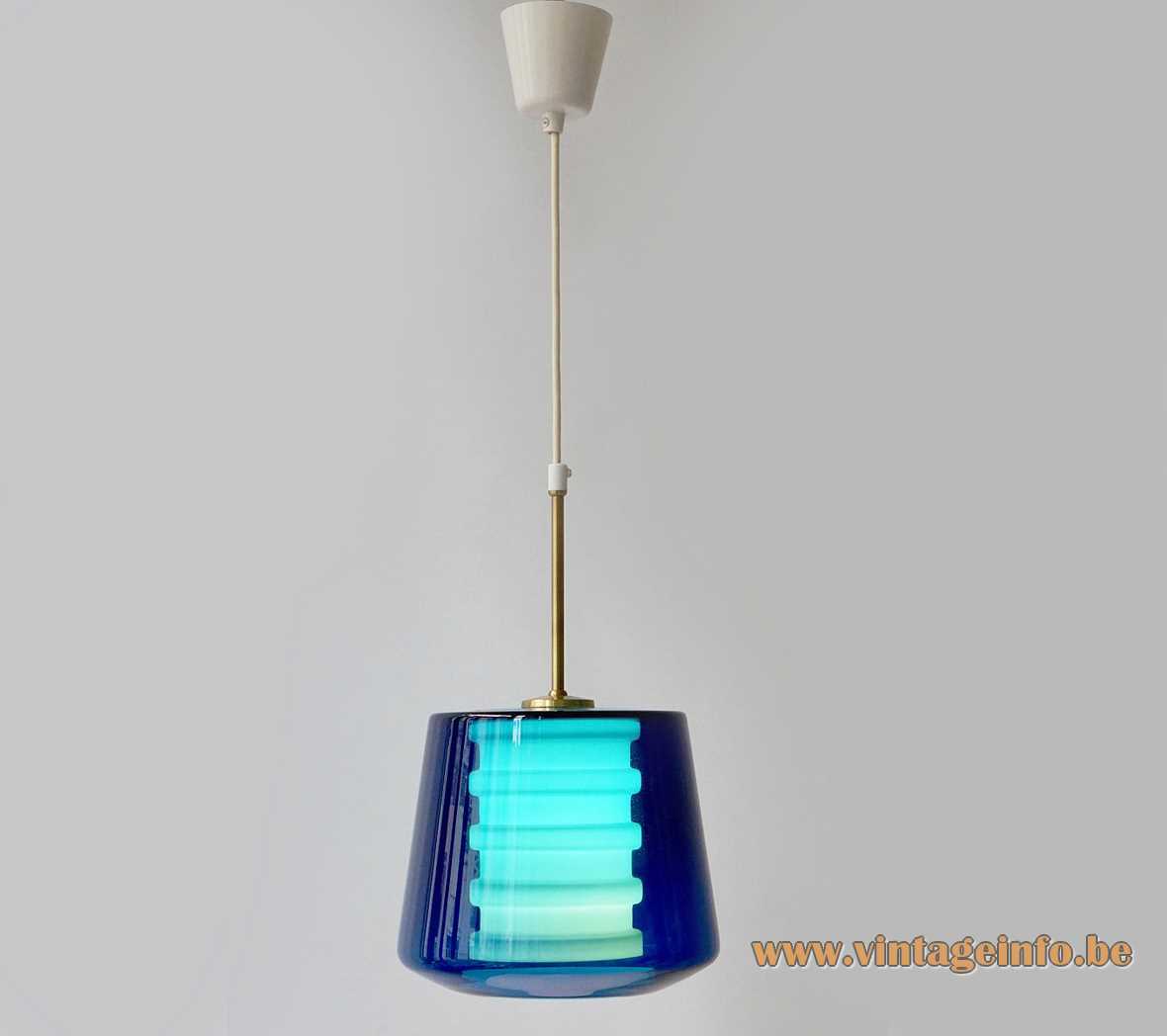 Philips Torino pendant lamp conical dark blue clear blown glass opal ribbed cylinder brass rod 1960s