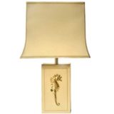 Sea Horse table lamp white wood beam base gold decoration pagoda lampshade Massive Belgium 1970s 1980s