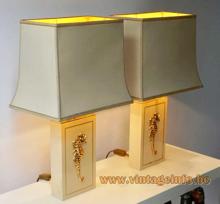 Sea Horse table lamp white wood beam base gold decoration pagoda lampshade Massive Belgium 1970s 1980s
