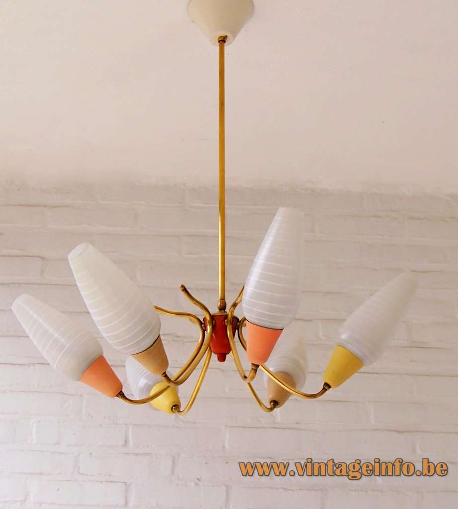 1950s multi-colour spider chandelier wrinkle paint curved brass rods glass lampshades 6 E14 sockets 1960s