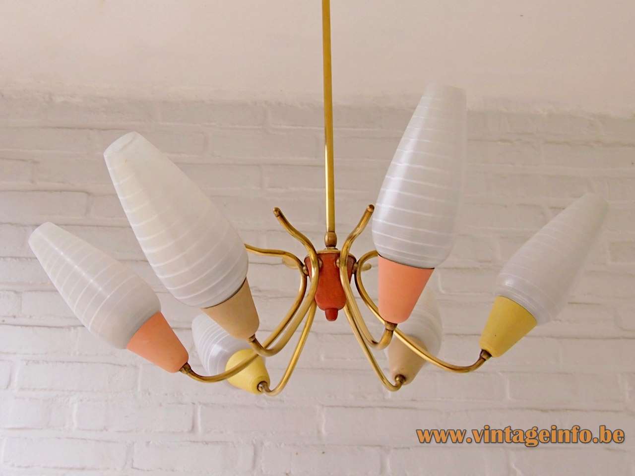 1950s multi-colour spider chandelier wrinkle paint curved brass rods glass lampshades 6 E14 sockets 1960s