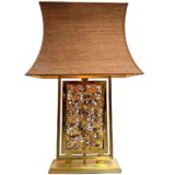 Bas-relief brass table lamp rectangular base low relief flowers birds framework pagoda lampshade 1970s 1980s J.L.B.