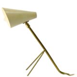 Brass conical table lamp tripod brass rods & hook cream white lampshade 1950s 1960s Dek-A-Lux France