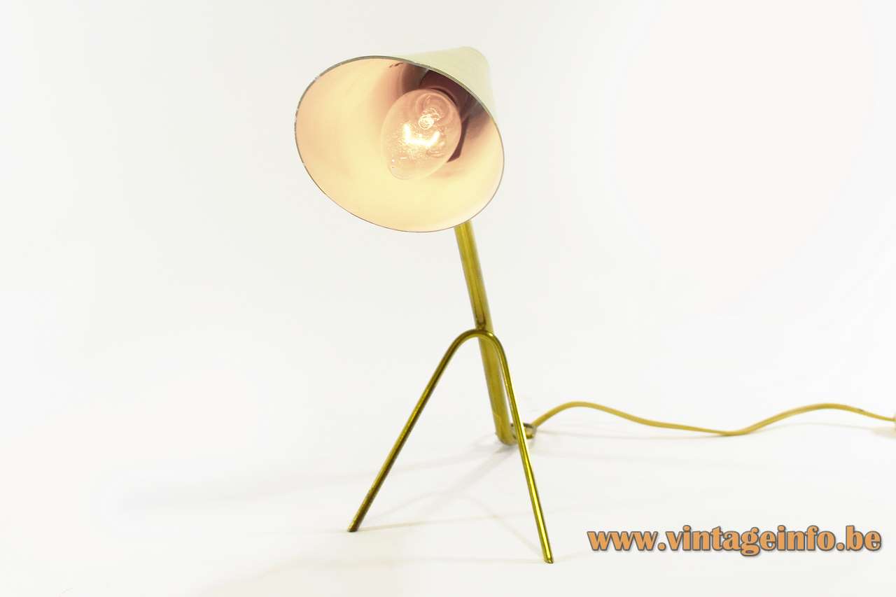 Brass conical table lamp tripod brass rods & hook cream white lampshade 1950s 1960s Dek-A-Lux France