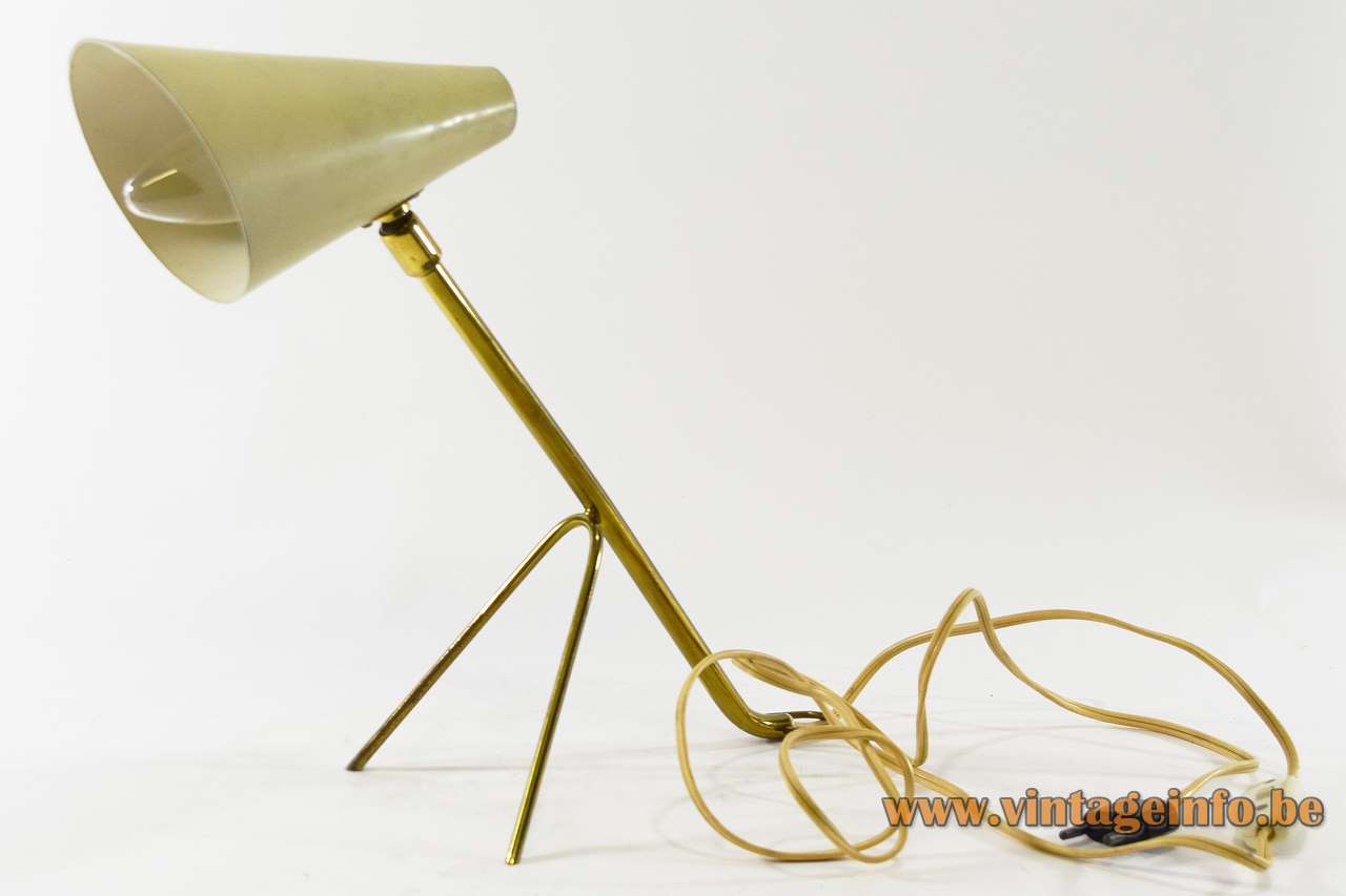 Brass conical table lamp tripod brass rods & hook cream white lampshade 1950s 1960s Dek-A-Lux France
