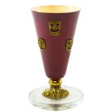 C.A.L.B. table lamp round clear glass base conical maroon lampshade brass comedy tragedy masks 1950s Italy