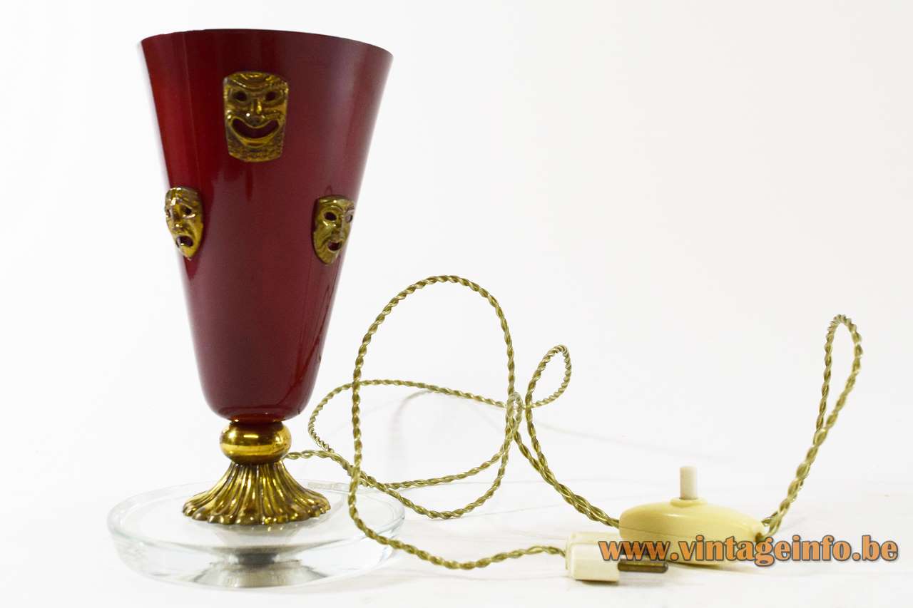 C.A.L.B. table lamp round clear glass base conical maroon lampshade brass comedy tragedy masks 1950s Italy
