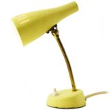 Cosack 1950s bedside table lamp yellow wrinkle-paint round base brass rod conical lampshade 1960s Germany