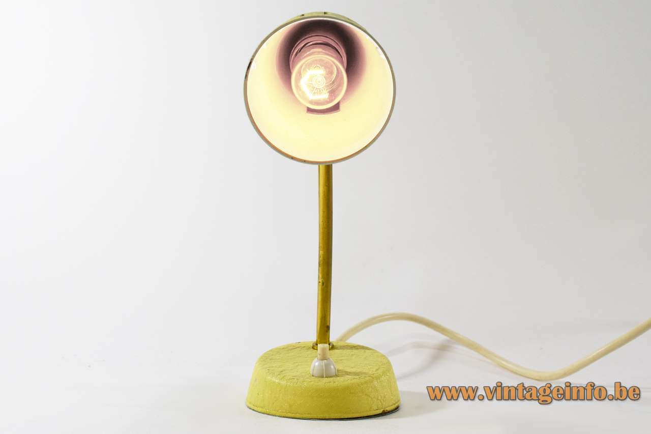 Cosack 1950s bedside table lamp yellow wrinkle-paint round base brass rod conical lampshade 1960s Germany