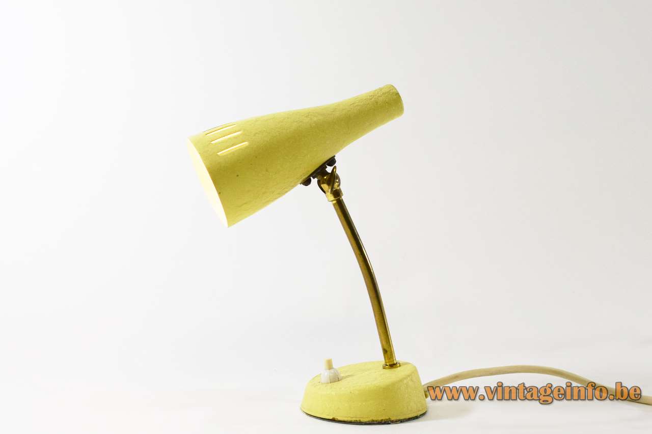 Cosack 1950s bedside table lamp yellow wrinkle-paint round base brass rod conical lampshade 1960s Germany