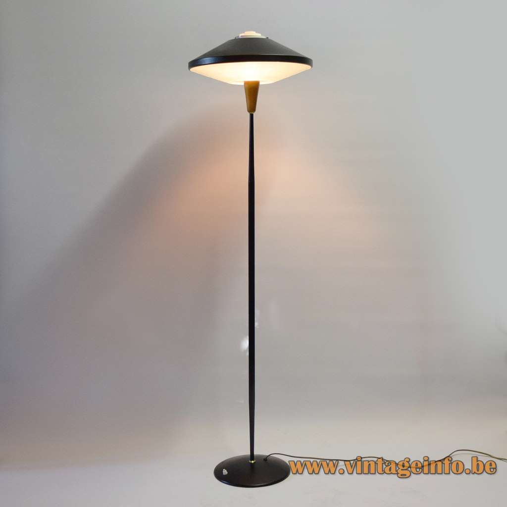 Louis Kalff NX 546 floor lamp 1950s design black base UFO lampshade plastic diffuser 1960s Philips