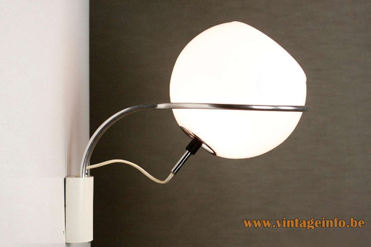 1960s Tramo globe wall lamp design: Joan Antoni Blanc opal glass lampshade chrome curved rod Spain 