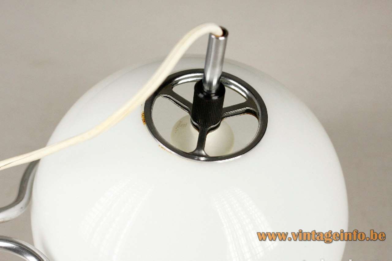 1960s Tramo globe wall lamp design: Joan Antoni Blanc opal glass lampshade chrome curved rod Spain 