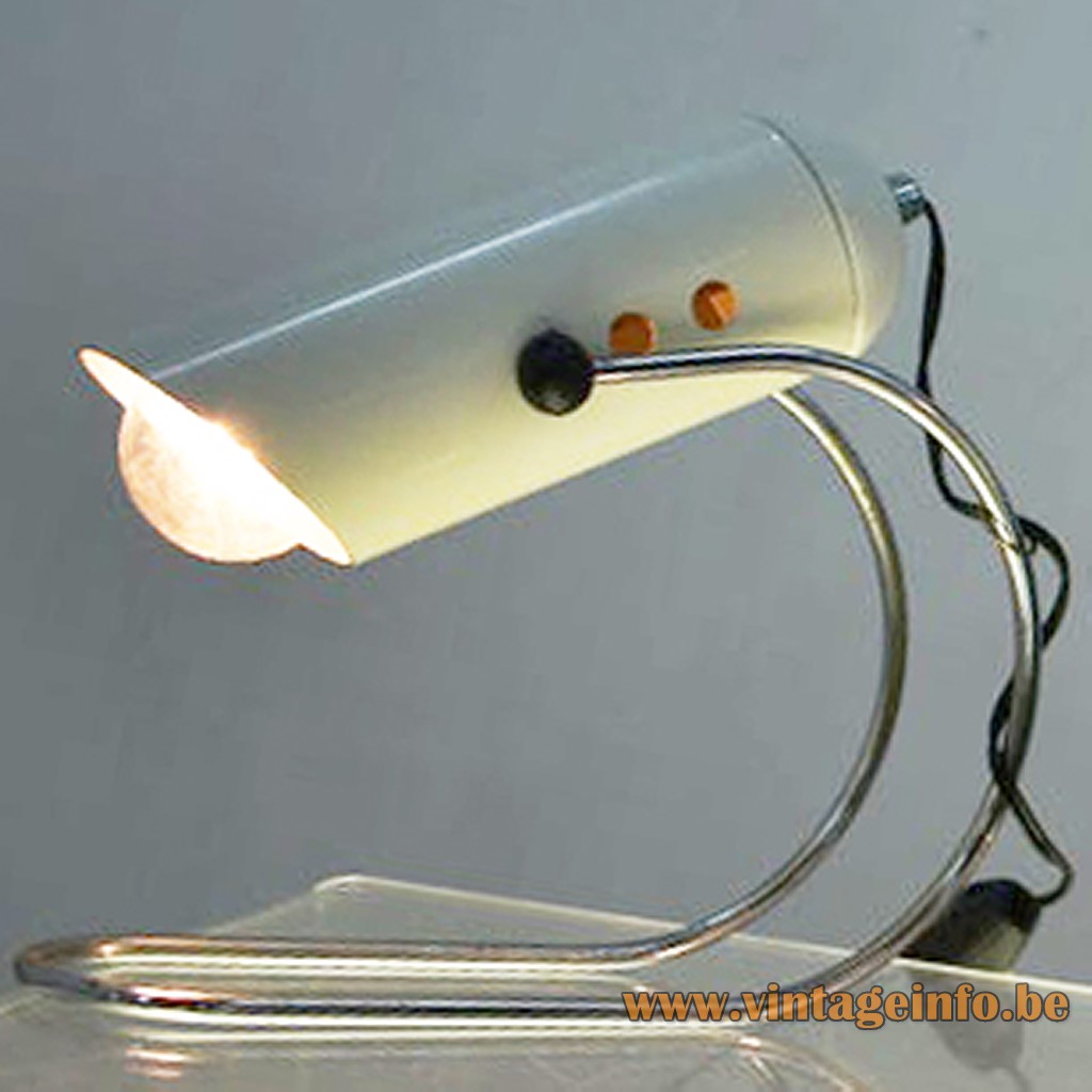 Tube table lamp chrome curved rod rubber Angelo Lelii Arredoluce Italy E14 socket 1960s 1970s MCM Mid-Century Modern