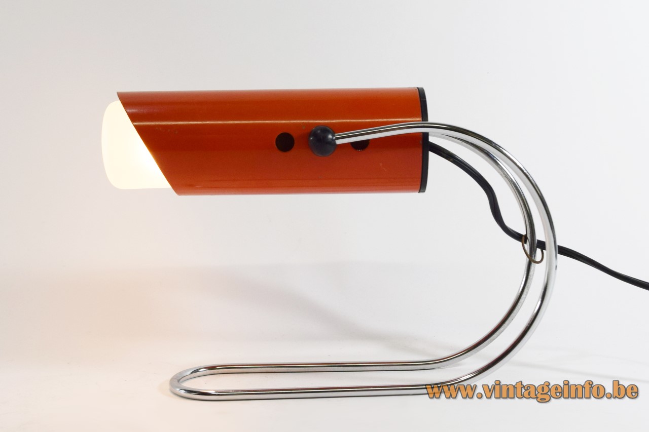 1960s tube table lamp chrome curved rod orange cylinder lampshade Angelo Lelii Arredoluce Targetti Italy 1970s