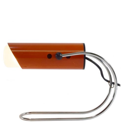 1960s tube table lamp chrome curved rod orange cylinder lampshade Angelo Lelii Arredoluce Targetti Italy 1970s