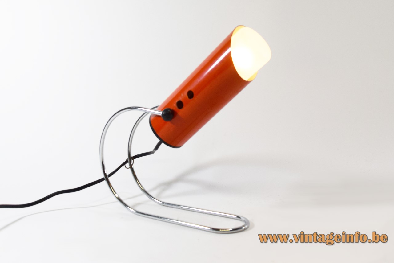 1960s tube table lamp chrome curved rod orange cylinder lampshade Targetti Sankey Italy 1970s no Arredoluce