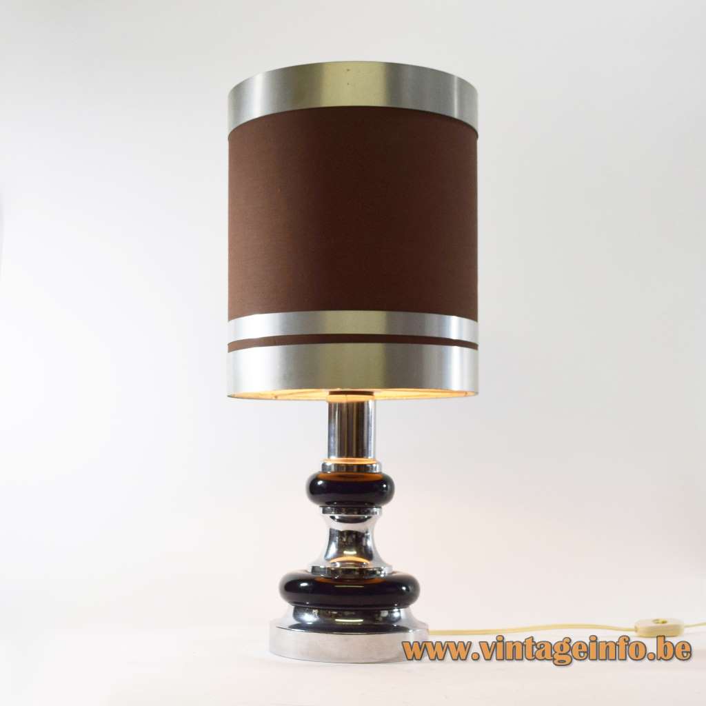 1970s chrome black table lamp round base fabric lampshade Massive Belgium E27 socket Mid-Century Modern