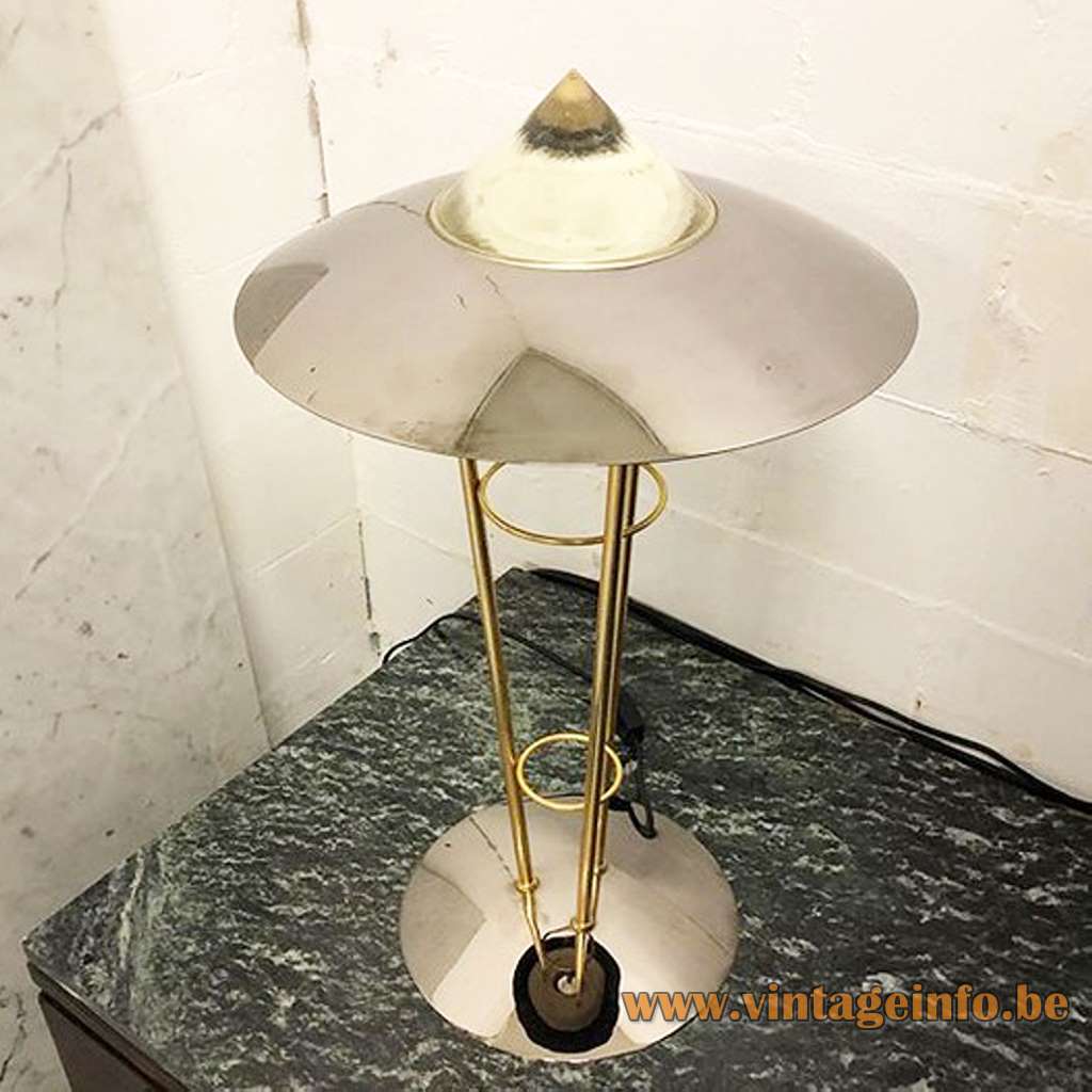 Conical 1980s Herda table lamp chrome round base 3 brass rods glass cone 1980s The Netherlands