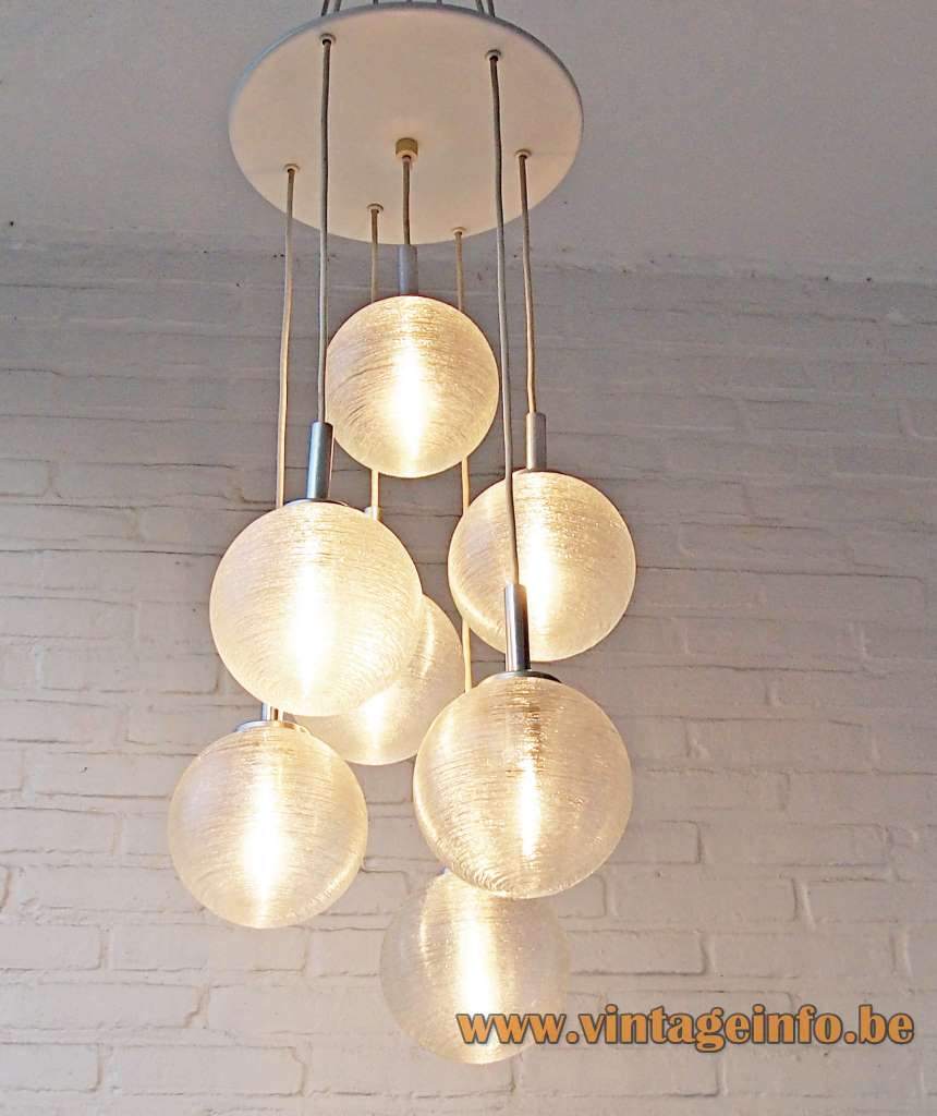 DORIA 7 glass globes cascading chandelier pendant lamps glass wire brass tubes 1960s 1970s Germany 