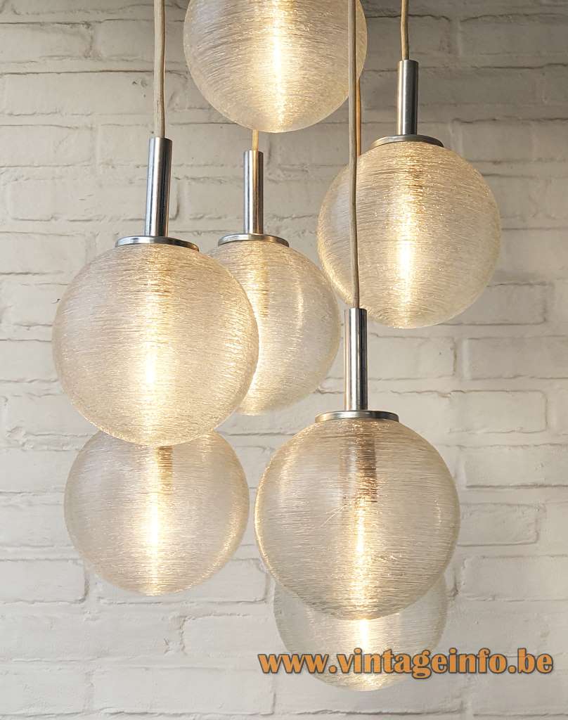 DORIA 7 glass globes cascading chandelier pendant lamps glass wire brass tubes 1960s 1970s Germany 