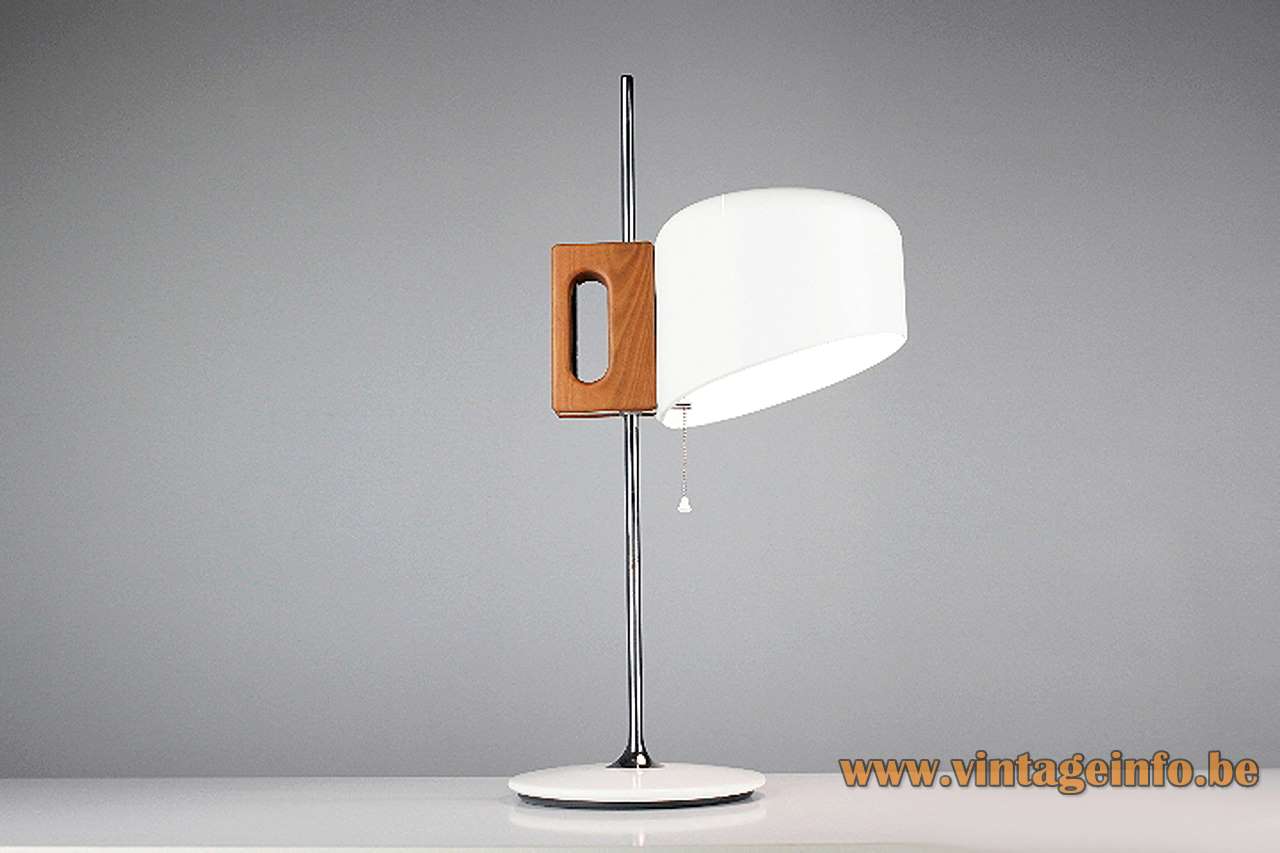 Fase Apolo desk lamp white round base & lampshade chrome rod wood handle Joe Colombo 1970s Spain