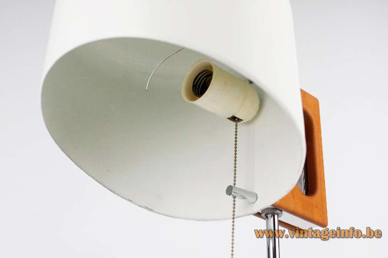 Fase Apolo desk lamp white round base & lampshade chrome rod wood handle Joe Colombo 1970s Spain