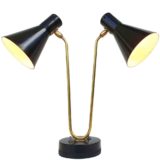 Gerald Thurston double desk lamp Lightolier 2 black lampshades & base curved folded brass rod 1950s 1960s