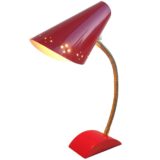 HoSo stars desk lamp red Bakelite base gooseneck conical folded lampshade tütenschirm Hoffmeister Germany 1950s 1960s