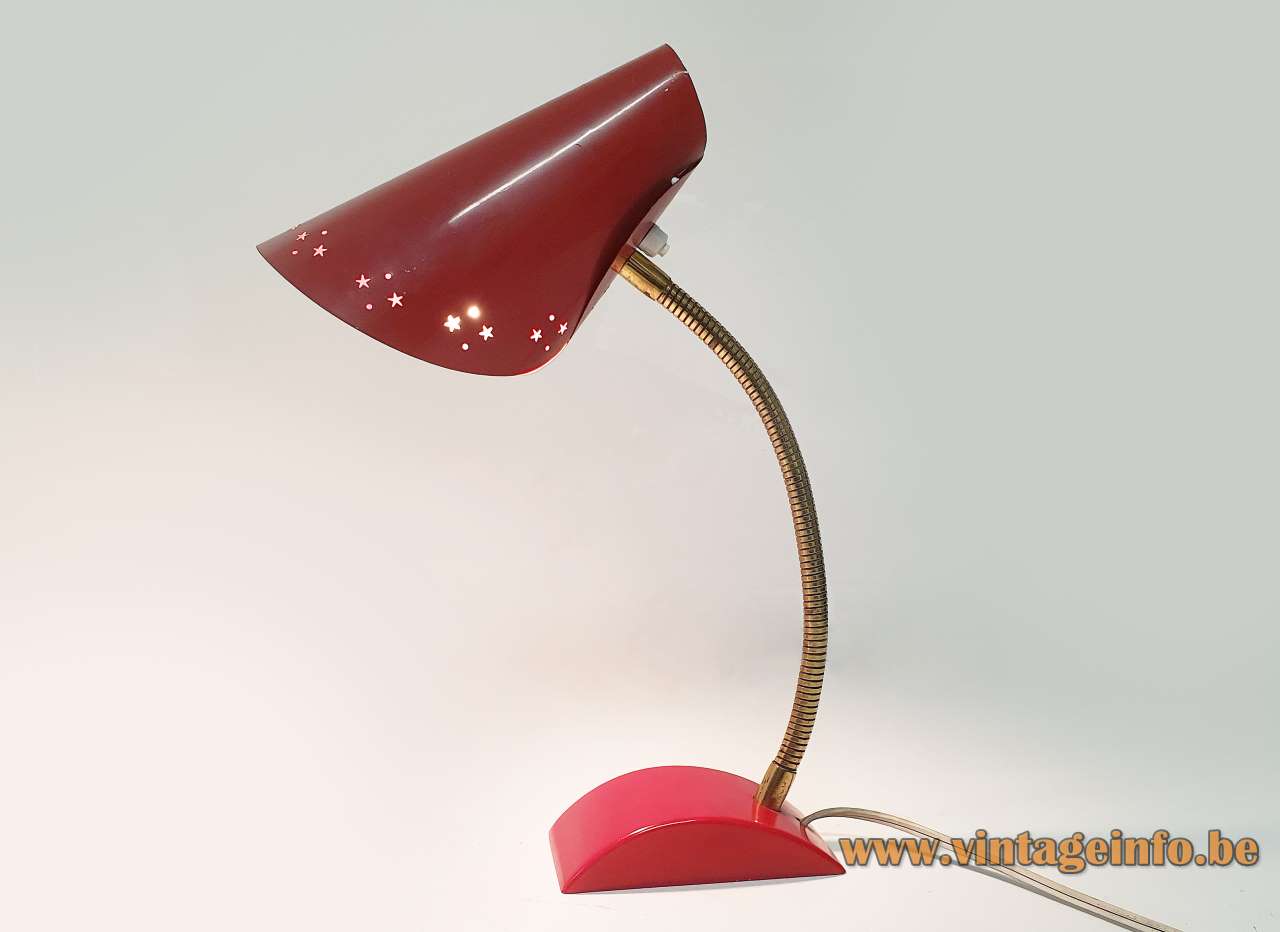 HoSo stars desk lamp red Bakelite base gooseneck conical folded lampshade tütenschirm Hoffmeister Germany 1950s 1960s