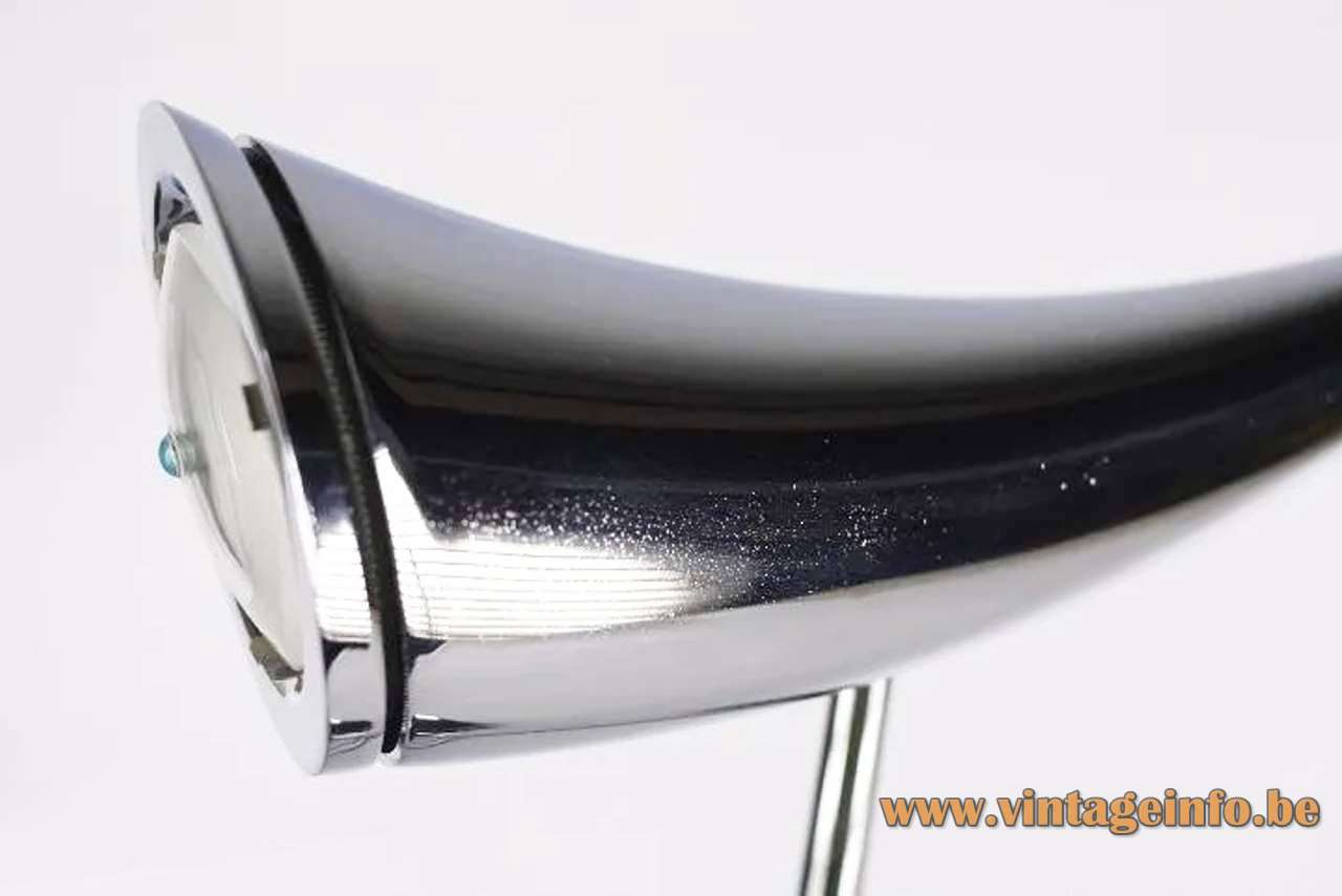 Philippe Starck ARA' table lamp 1988 design chrome base rod & curved horn lampshade 1980s 1990s halogen