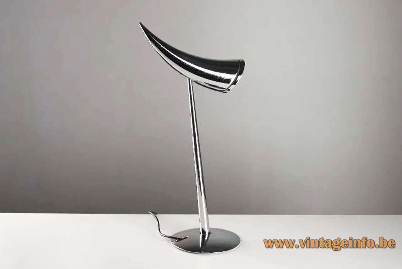 Philippe Starck ARA' table lamp 1988 design chrome base rod & curved horn lampshade 1980s 1990s halogen