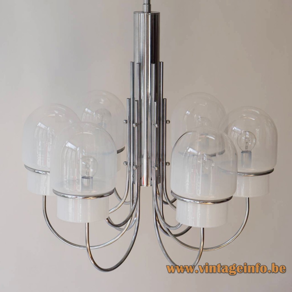 Sciolari chrome & misty glass chandelier design: Gaetano Sciolari 6 glass lampshades curved rods 1960s 1970s Italy