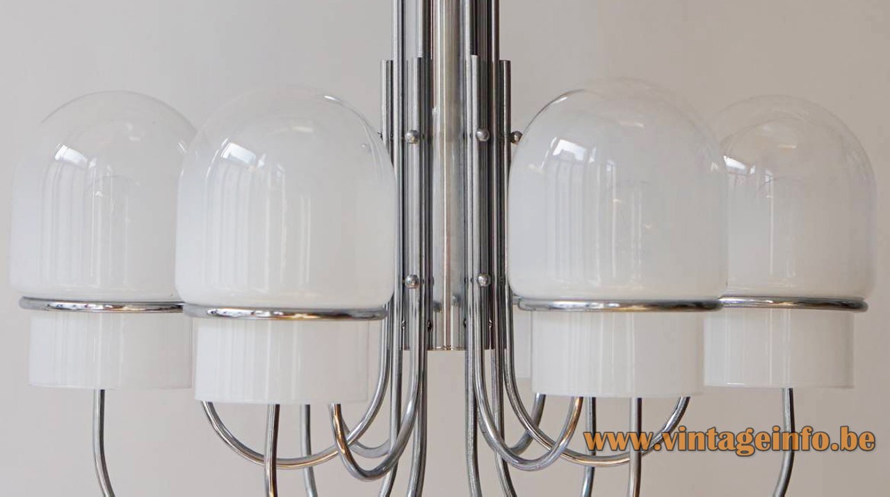 Sciolari chrome & misty glass chandelier design: Gaetano Sciolari 6 glass lampshades curved rods 1960s 1970s Italy