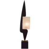 1950s Maison Arlus table lamp black arrow-head wood embossed glass beam lampshade cube base 1960s
