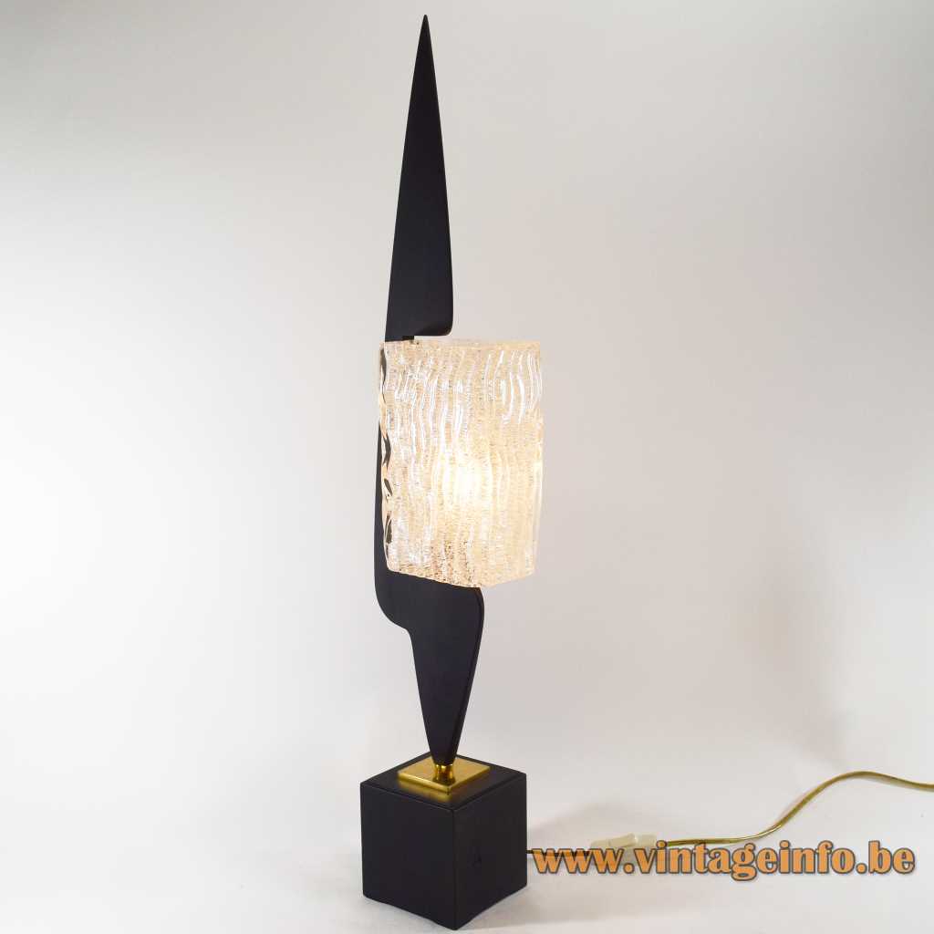 1950s Maison Arlus table lamp black arrow-head wood embossed glass beam lampshade cube base 1960s