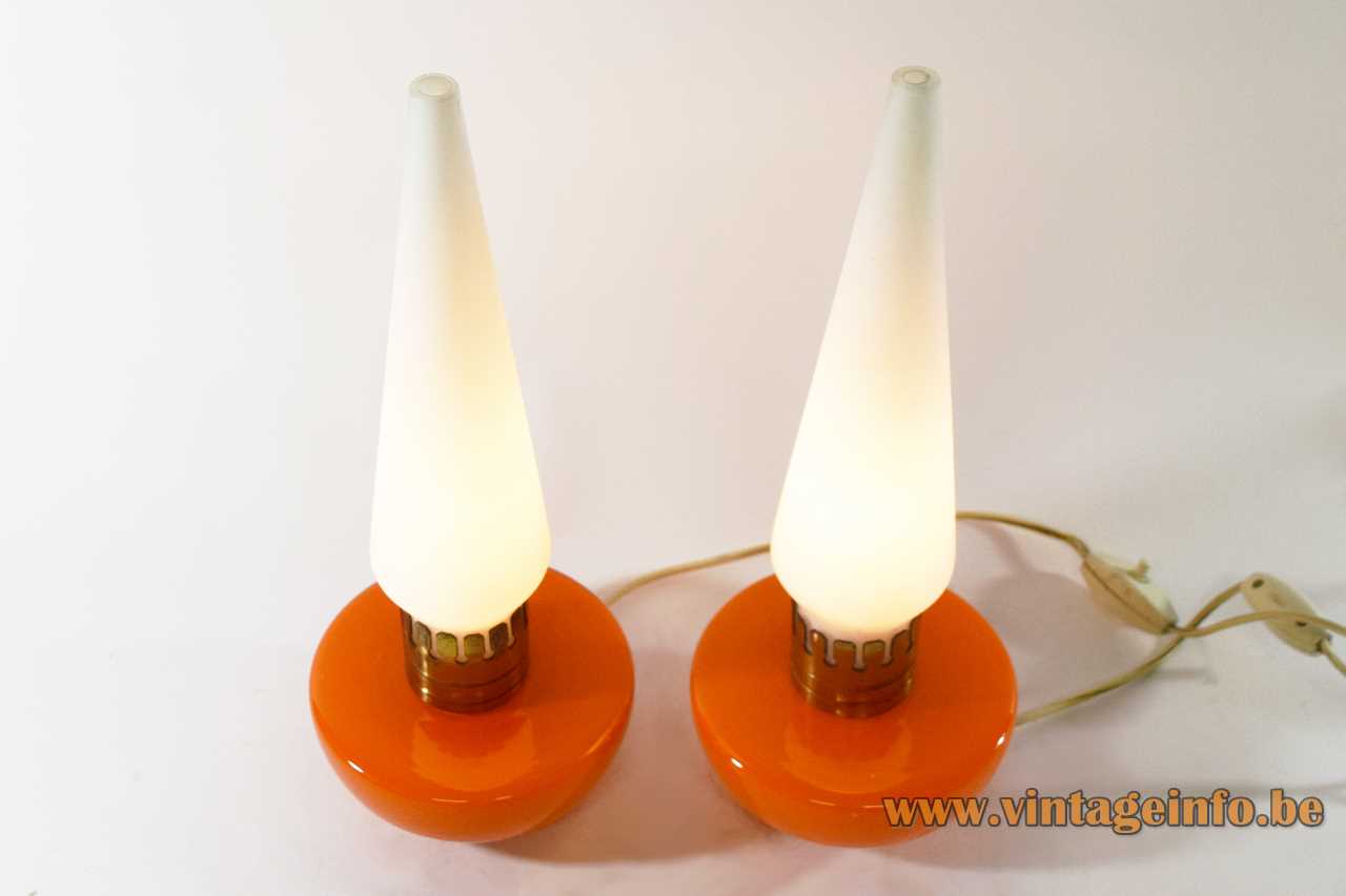 1950s Vistosi bedside table lamp orange Murano glass base brass ring opal candlestick lampshade 1960s Italy 