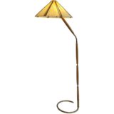 Kalmar Franken floor lamp brass circle base wood handles striped fabric parasol lampshade Austria 1950s 1960s