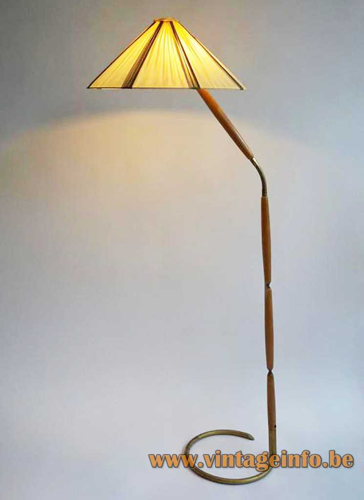 Kalmar Franken floor lamp brass circle base wood handles striped fabric parasol lampshade Austria 1950s 1960s