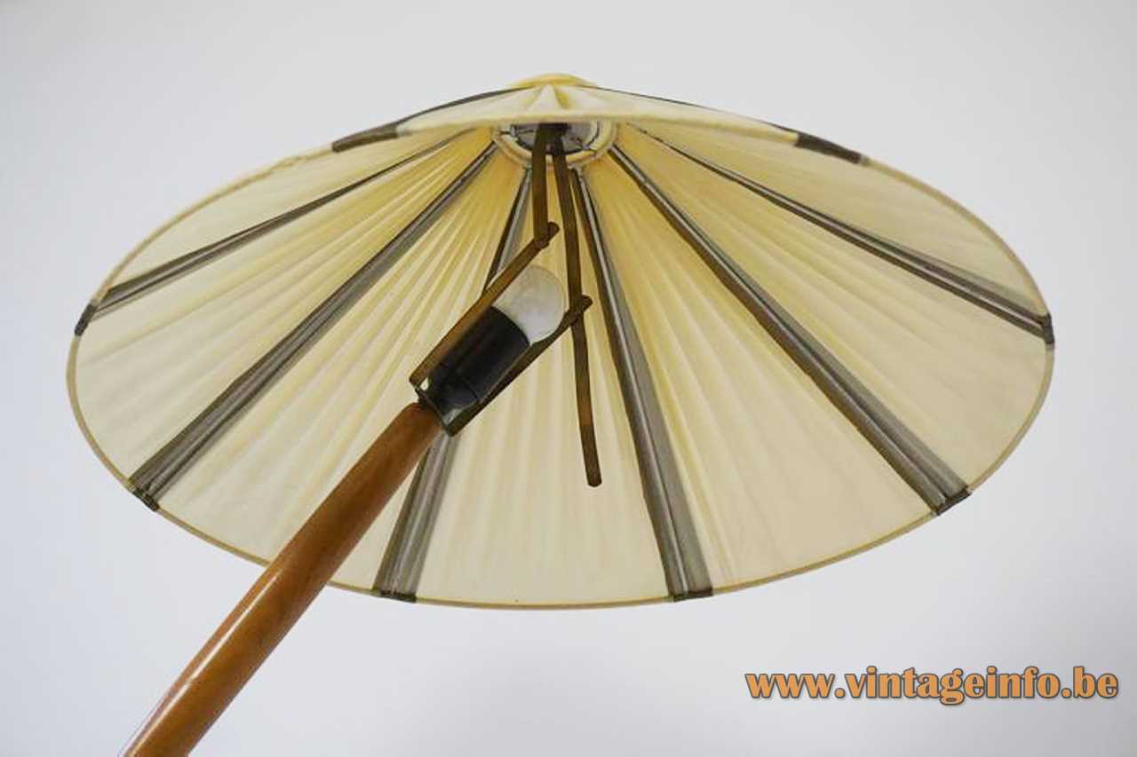 Kalmar Franken floor lamp brass circle base wood handles striped fabric parasol lampshade Austria 1950s 1960s